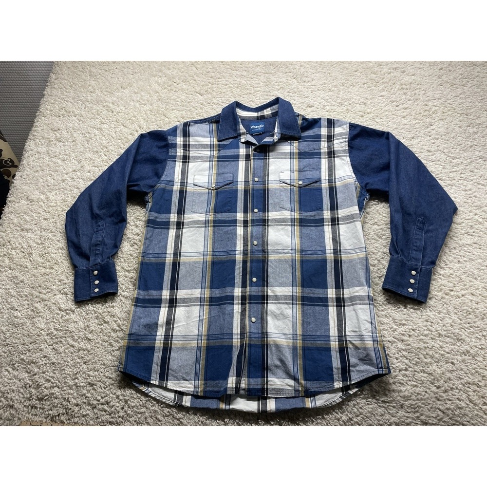 Vintage 90s Plaid Denim Wrangler Pearl Snap L/S Western Shirt Men's XL EUC